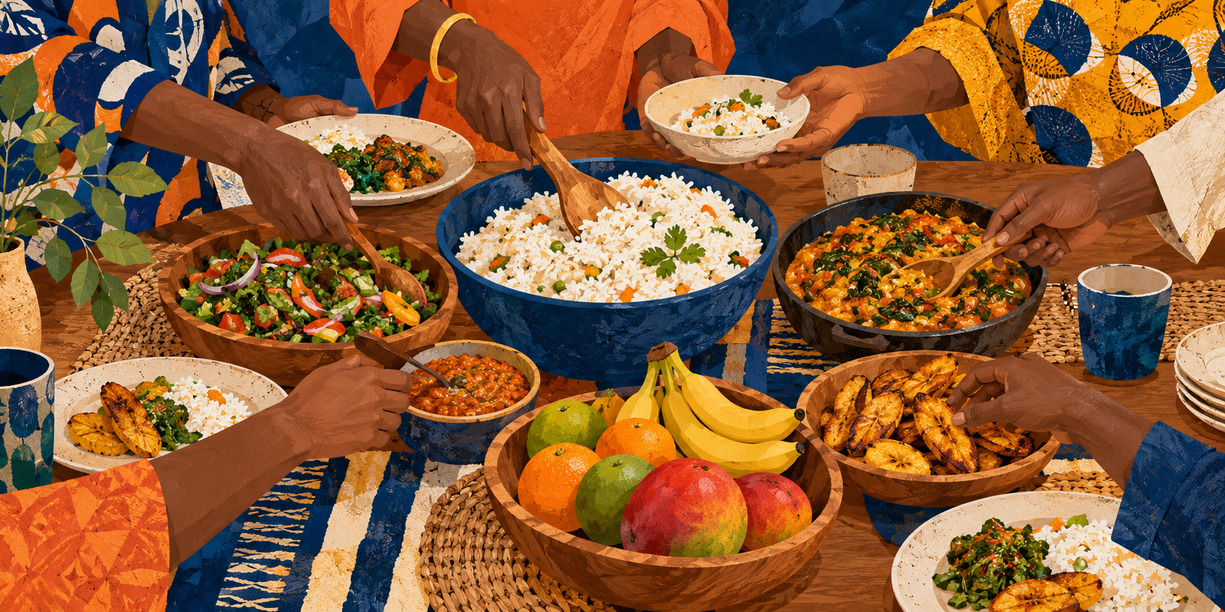 Illustration of people sharing a nourishing meal around a table